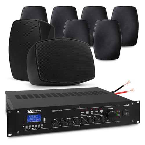 Power Dynamics BHW40BK 8x 4 Black Wall Mounted Speaker System - Four-Zone Mixer Amplifier, Bluetooth, IPX5 Weatherproof Commercial Background Music PA Kit