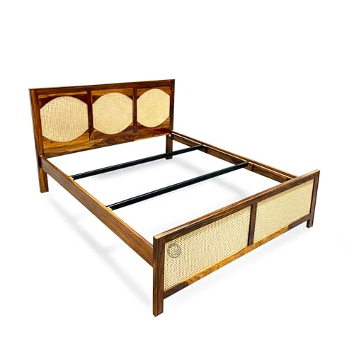 Image of SHRI MINTU'S ART Wooden Cane Bed with Rattan Panels | Solid Wood Platform with Arched Headboard and Footboard | Bedroom Furniture Bed Structure for Mattress Support (72x81) Inch King Size Bed (Brown)