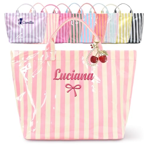 Personalized Jelly Striped PVC Tote Bag for Women Custom Waterproof Stylish Plastic Glossy Bag for Beach Pool Large Plaid Letters Print Hobo Handbag for Summer Vacation Travel Girls Trip Gift