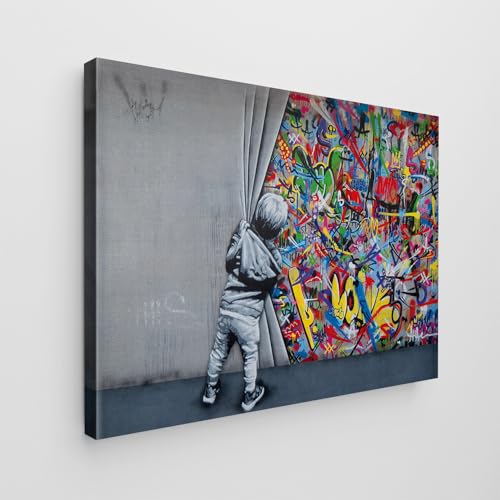 Tableau Banksy L'enfant ouvre le rideau Giallobus impression sur toile standard 70x50 cm