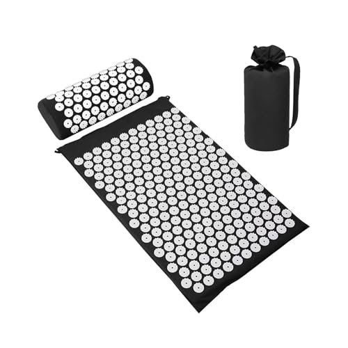 Juego de esterilla y almohada acupresión: for relajación muscular, recuperación yoga alivio la tensión espalda(Black Set)