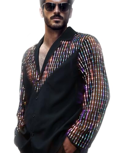 AIBEIX Mens Mesh Sequins See Through 70s Disco Long Sleeve Button Down Shirts(V-Shaped Multicolored Sequins-Black Long Sleeve,Medium)