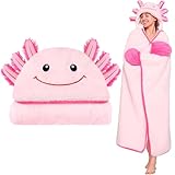 Axolotl Wearable Blanket Hoodie for Women & Kids, Premium Soft Thick Plush & Sherpa Fleece for Ultra Warmth, Pink Throw Wrap With Giant Hood, Easy Movement, Axolotl Gifts for Girls Adults, Oversized