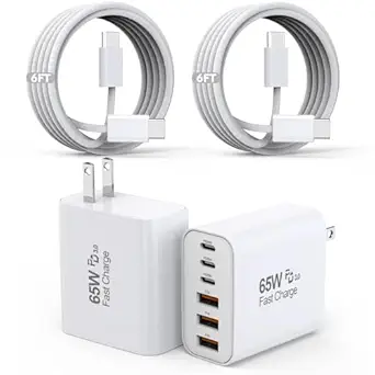 65W USB-C Charger Block, 2-Pack with 6ft Woven Cables, Multiport Fast Charging for iPhone, iPad, Samsung, Google Pixel, Switch