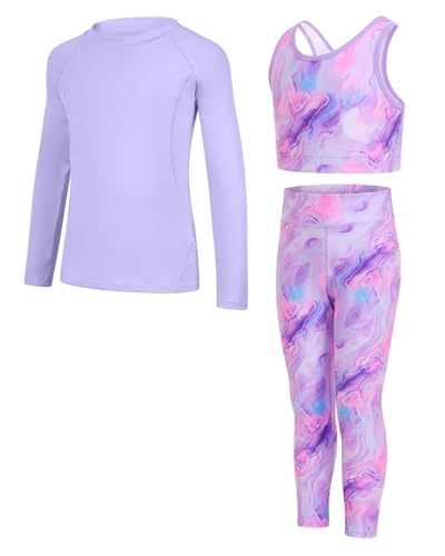 JiAmy Girls Yoga Leggings Girls Athletic Leggings Training Bras Set Kids Gym Crop Tank Top Activewear set for 9-10 Years Purple Marble