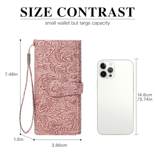 Image of Wristlet Wallet for Women Leather Clutch Purse Trifold Card Holder RFID Blocking Large Capacity Pink