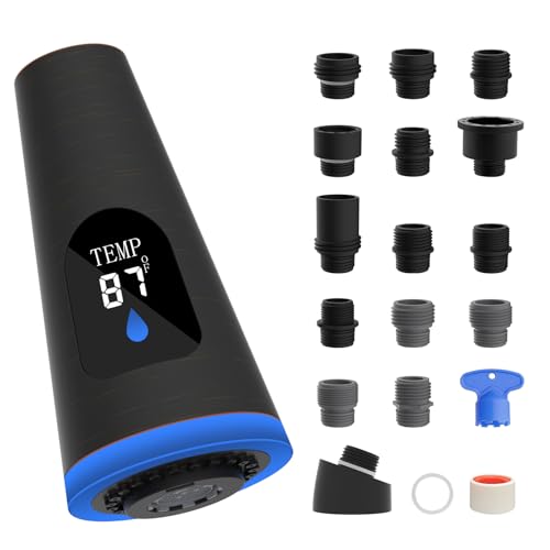 Hibbent Pull Down Kitchen Faucet Head Replacement, 4 Function LED Temperature Display Sink Spray Nozzle with 15 Adapters, Compatible with Moen, American Standard, Delta, Kohler Faucets, Brus