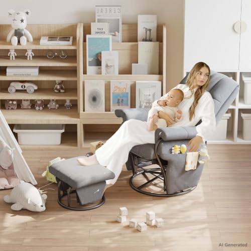 Image of JIASTING 360 Swivel Recliner Chair with Ottoman & Double Side Pockets, Nursing Glider Rocking Recliner Chair, Gliding Chairs for Nursery, Living Room, Bedroom, Office (Gray)