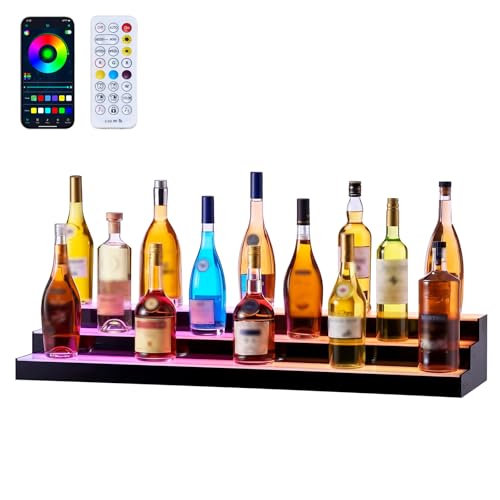 Image of VEVOR LED Lighted Liquor Bottle Display, 3 Tiers 40 inches, Acrylic Illuminated Home Bar Shelf Display with RF Remote & App Control, DIY Setup with Type-C Cables, 9 Static Colors, for 30-39 Bottles