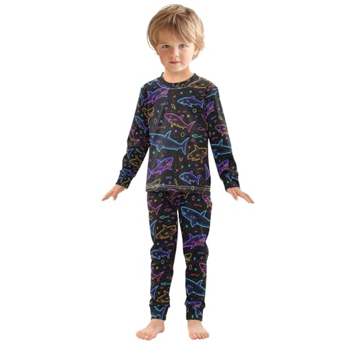 ALAZA Shark Neon Black Pajamas Long Sleeve Sleepwear 2-Piece Pajama Set3