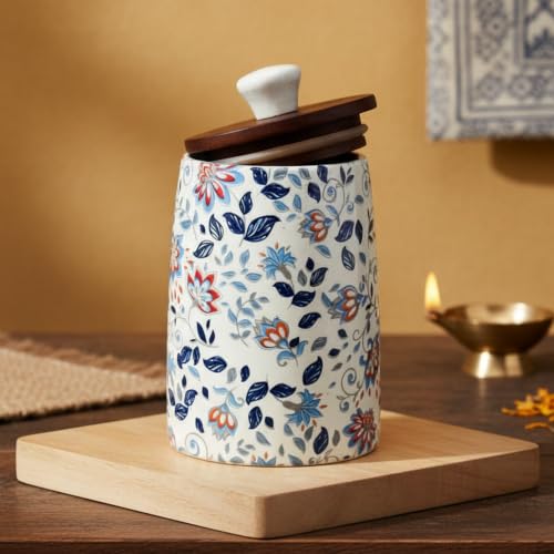 Image of Vistas 'Blue Bloom' 1 Piece Airtight 420ml Ceramic Jar for Kitchen Storage | Handcrafted Ceramic Barni with Wooden Lid | Multipurpose Pickle, Spice & Salt Container