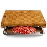 Schneidebrett Holz mit Auffangschale – Großes Premium Bambus Schneidbrett – Frankfurter Brett–(40x30x6cm) Holzbrett mit Auffangschale aus Edelstahl-Einweihungsgeschenk Haus/Wohnung