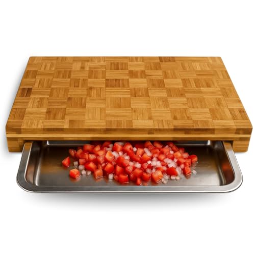 Schneidebrett Holz mit Auffangschale Großes Premium Bambus Schneidbrett Frankfurter Brett(40x30x6cm) Holzbrett mit Auffangschale aus Edelstahl-Einweihungsgeschenk Haus/Wohnung