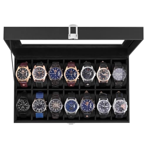 SONGMICS Watch Box, 14-Slot Watch Case Organizer with Large Glass Lid