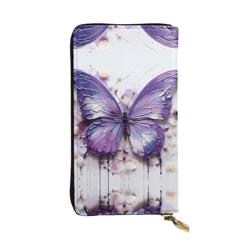 Leather Wallet 7.48 x 4.13 in - Stylish and Durable Wallet for Women with Multiple Compartments and Zipper Design Purple Oil Painting Butterfly Pattern