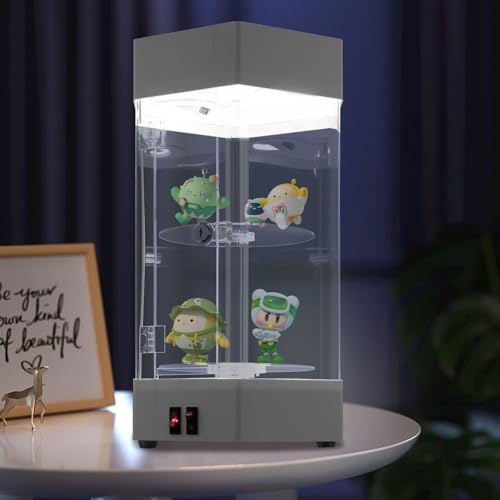 BANEBONE 2-Tier Electric Rotating Jewelry Display Case with LED Lights - Acrylic Hexagonal Showcase with Lockable Door - for Watches, Cosmetics & Collectibles