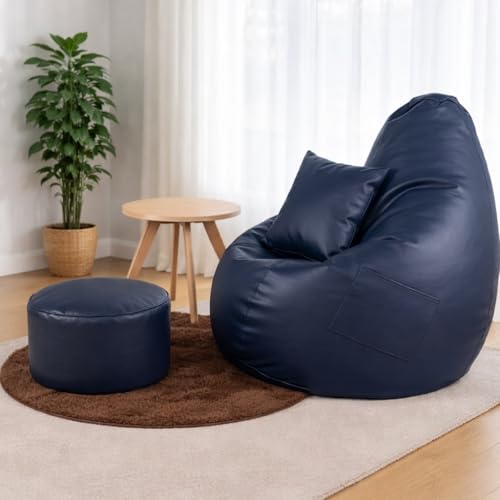 Image of IVIKA Bean Bag with Stool & Cushion | XXXXL Size Premium Leatherette Bean Bag for Gaming, Living Room & Bedroom (4XL - Navy Blue)