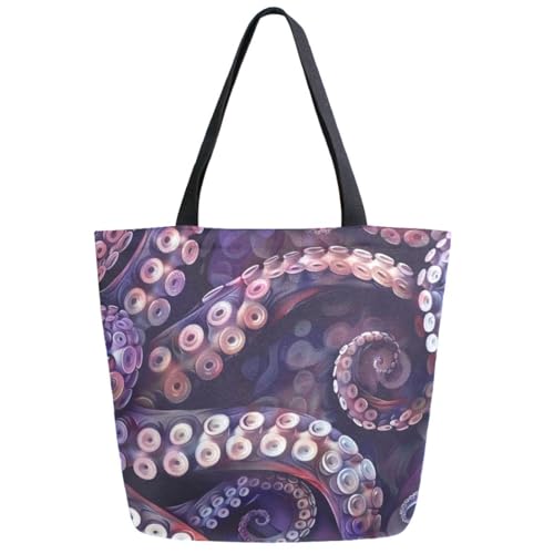 Chic Extra Large Shoulder Grocery Tote Bag, Lifelike Tentacle Of Octopus Purple Canvas Daily Handle Bag for Gym Yoga Weekender Beach Travel Picnic Kitchen Reusable Market Shopping
