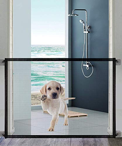 Magic Dog Gate -Queenii Pet Baby Safety Guard Gate, Portable Folding Mesh Magic Gate Baby Safety Gates Install Anywhere, Safety Fence for Hall Doorway Wide 40.02"-Black