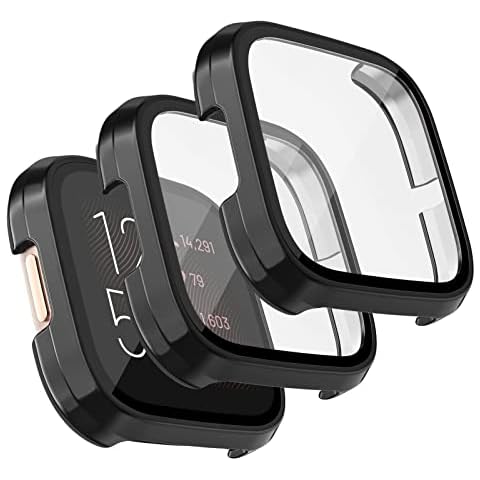 [3 Pack] Tobfit for Fitbit Versa 2 Screen Protector with HD Tempered Glass Protective Case, Hard PC Case Bumper Cover Full Coverage for Fitbit Versa 2 Smartwatch, Black/Black/Black Cover