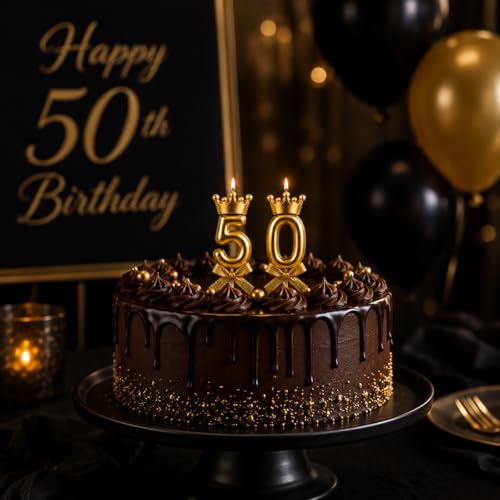 Image of Premium Gold Number 50 Candle Set with Crown Metallic Cake Topper for 50th Birthday Golden Jubilee Anniversary and Celebration Events, 2 PCs