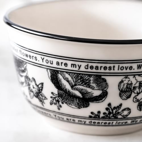 Image of Premium Ceramic Dinnerware Gift Set (14 Pieces) | 2 Dinner Plates, 6 Bowls & Spoons Black Floral Design Microwave Dishwasher Safe Luxury Dining for Home
