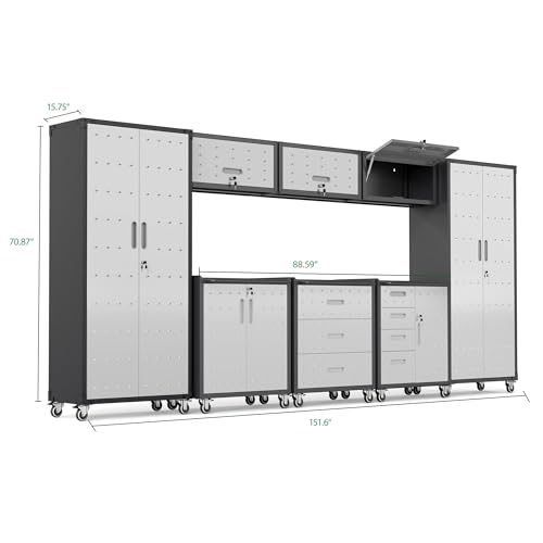 Image of Garage Cabinet System | Heavy Duty Steel All-in-One Modular Garage Cabinet Set for Ultimate Workshop Organization | Easy Assembly Garage Storage Cabinets & Tool Bench