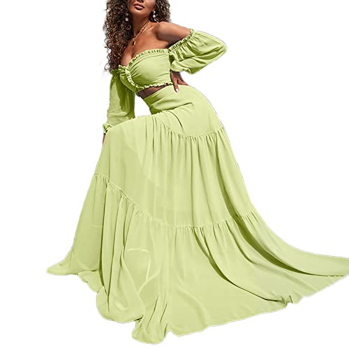 Huskydg Robes Maxi pour L'été Décontractées Dos Nu pour Femmes Épaule Denudée Manches Courtes Coupe Trapèze Robe D'été Longue,Green,S Cover