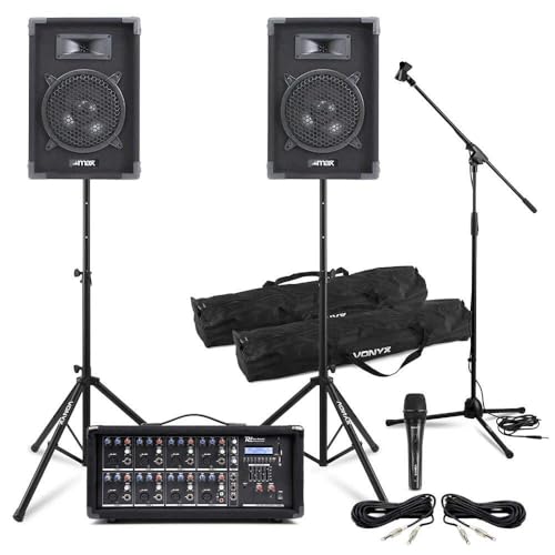 Power Dynamics & Vonyx PA Anlage für Bands Komplett Set – 8 Zoll Lautsprecher mit Stativen – 8 Kanal Mixer mit Verstärker, Mikrofon & Tasche – 800 Watt Beschallungsanlage...
