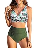 CMTOP Conjuntos de Bikinis Traje de Baño de Dos Piezas Cuello en V Conjunto Bañador, Bañadores Mujer Reductores Cintura Alta Control de Vientre Bikini Push up Vikinis(Hojas Verdes,M)
