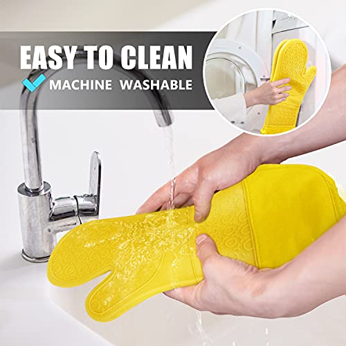 Rorecay Extra Long Oven Mitts and Pot Holders Sets: Heat Resistant Silicone Oven Mittens with Mini Oven Gloves and Hot Pads Potholders for Kitchen Baking Cooking, Quilted Liner, Pack of 6 (Yellow)