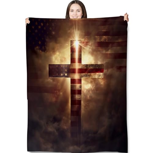 Turamurra Coperta con croce con bandiera americana, 152,4 x 203,2 cm, coperta patriottica per soggiorno, camera da letto, calda, regalo in flanella per veterani, adulti e bambini