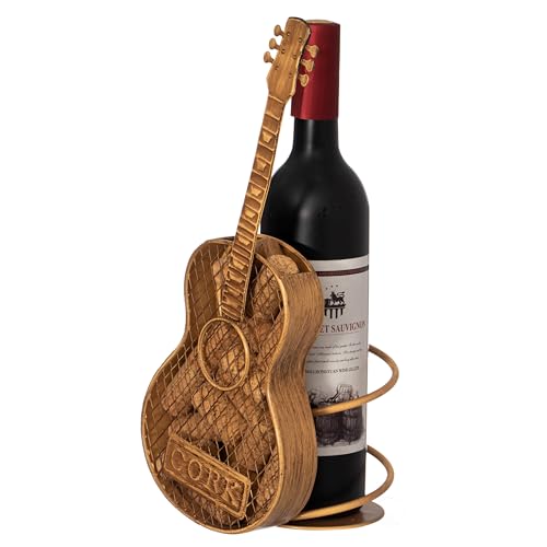 Vintiquewise Decorative Metal Guitar Shape Wine Bottle and Cork Holder – A Unique Home Decor Piece and Countertop Accessory for Kitchens, Bars, and Dining Rooms, Great Collection for Wine Lovers