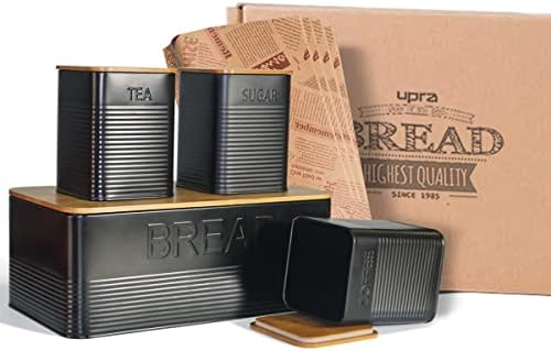 orlkie Bread Bin Set Bread Box with Bamboo Lid Set of 4 Tea Coffee Sugar Bread Container for Kitchen Counter Farmhouse Bread Storage Tin Large Bread Holder for Countertop Kitchen Organizer Black