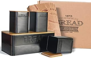 orlkie Bread Bin Set Bread Box with Bamboo Lid Set of 4 Tea Coffee Sugar Bread Container for Kitchen Counter Farmhouse Bread Storage Tin Large Bread Holder for Countertop Kitchen Organizer Black