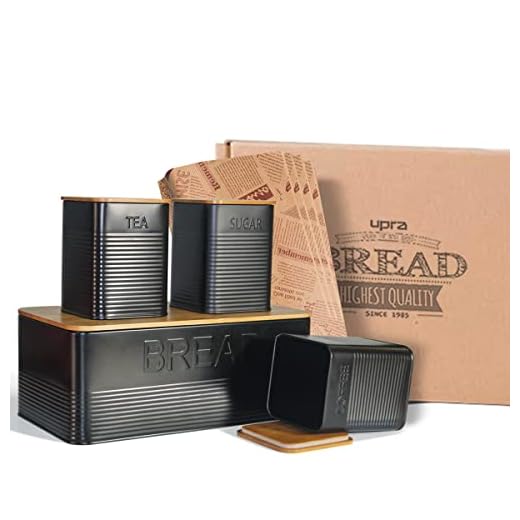 upra Bread box kit, breadbox with Extra Bamboo Cutting Board Lid, Space-Saving Holder, Metal Keeper Bin - (Black) Retro Vintage,cookie,for kitchen countertop,storage jar,Decor 13"7.1"4.7", set of 4