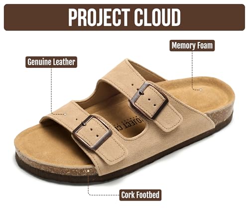 Image of Project Cloud 100% Genuine Leather Flat Sandals For Women 2026 Cork Footbed Womens Sandals with Memory Foam and arch support Vacation Essentials Slides for Women Footwear (Venita)
