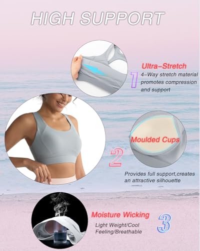 Image of RUNNING GIRL Sports Bras for Women, Moulded Cup High Impact Workout Pink Sports Bra Racerback Yoga Bra High Support(WX3068 Ice Grey L)