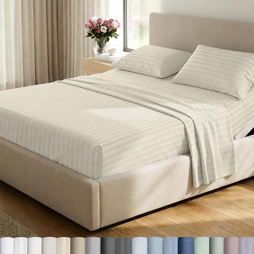 Image of California Design Den 500TC 100% Cotton Split King Sheets Set, Ivory Stripe | Good Housekeeping Seal, OEKO-TEX Certified, Silky-Soft Sateen Weave, 5pc Set, 15 inch Deep Pockets, For Hot Sleepers, All-Season