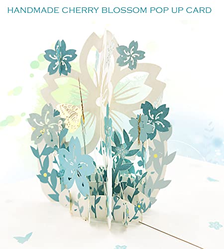 Butterflies & Flowers Pop Up Card, Handmade 3D Sky Blue Cherry Blossoms Butterfly Greeting Cards With Unique Note Card, For Thinking Of You, Wedding, Valentines Day, Thank You, Just Because, Birthday, Mother's Day, Anniversary, All Occasions #TOP1
