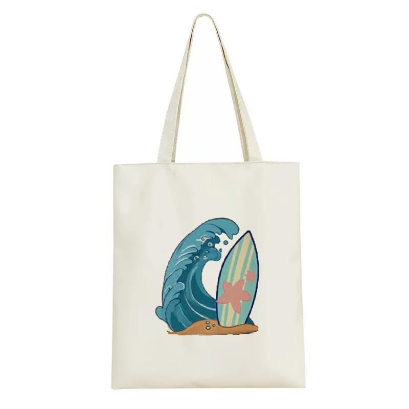 Summer Canvas Tote Bag, Wave Pattern Reusable Shoulder Tote Bag for Women and Men, Large Durable Canvas Shoulder Bag Perfect for Grocery Work Beach Shopping