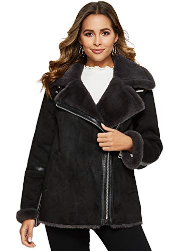 Escalier Women's Faux Fur Coat Lapel Rabbit Fur Lined Warm Winter Leather Jacket Black S