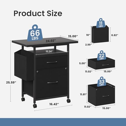 Image of Simple Deluxe 2 Drawer File Cabinet with 24 inch Extended Desktop, Mobile Filing Cabinet, Rolling File Cabinet with Side Bag, Fabric Drawer, Fits A4 /Letter Size, Printer Stand Home Office, Black