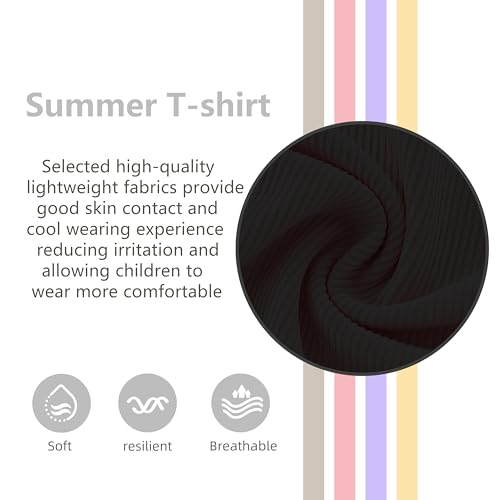 Image of Girls Summer Lettuce Trim Ribbed Knit Short Sleeve T-Shirts Solid Color Casual Blouse Tops