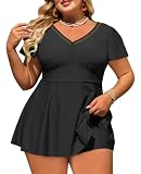LA PRAJO Plus Size Modest Swimsuit 2026 Two Piece Tummy Control Bathing Suit for Women Full Coverage Swimwear Ruffle Swim Dress with Shorts Black 24 Plus