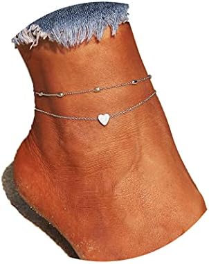 Artmiss Layered Anklets Women Heart Silver Ankle Bracelet Charm Beaded Dainty Foot Jewelry for Women and Teen Girls Summer Barefoot Beach Anklet