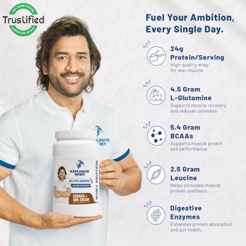 Image of Explosive Whey Elite Series Whey Protein - Trusted by M.S. Dhoni | 24g Protein per Scoop | Premium Concentrate + Isolate Sport Supplement for Enhanced Muscle Growth and Recovery | Cookie & Cream - 1kg (30 Servings), Trustified Certified