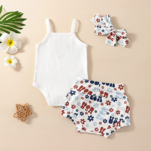 3Pcs Baby Girl 4Th Of July Outfit Strap Sleeveless Usa Tank Top Romper Flower Shorts Headband Set Patriotic Outfit (A-White, 3-6 Months) #TOP2