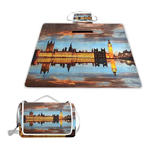 XINGAKA Picnic Blanket,Splendent Scene Of Big Ben Westminster Cloudy Night Thames River，Large Beach Blanket Outdoor Camping,Waterproof Backing,Foldable