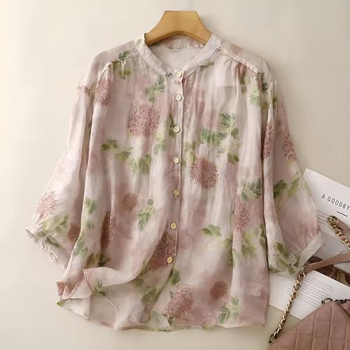 Image of Gufrina Women's Light Rose Floral Printed Button Down Shirt with Mandarin Collar and Relaxed Fit 3 /4 Sleeves